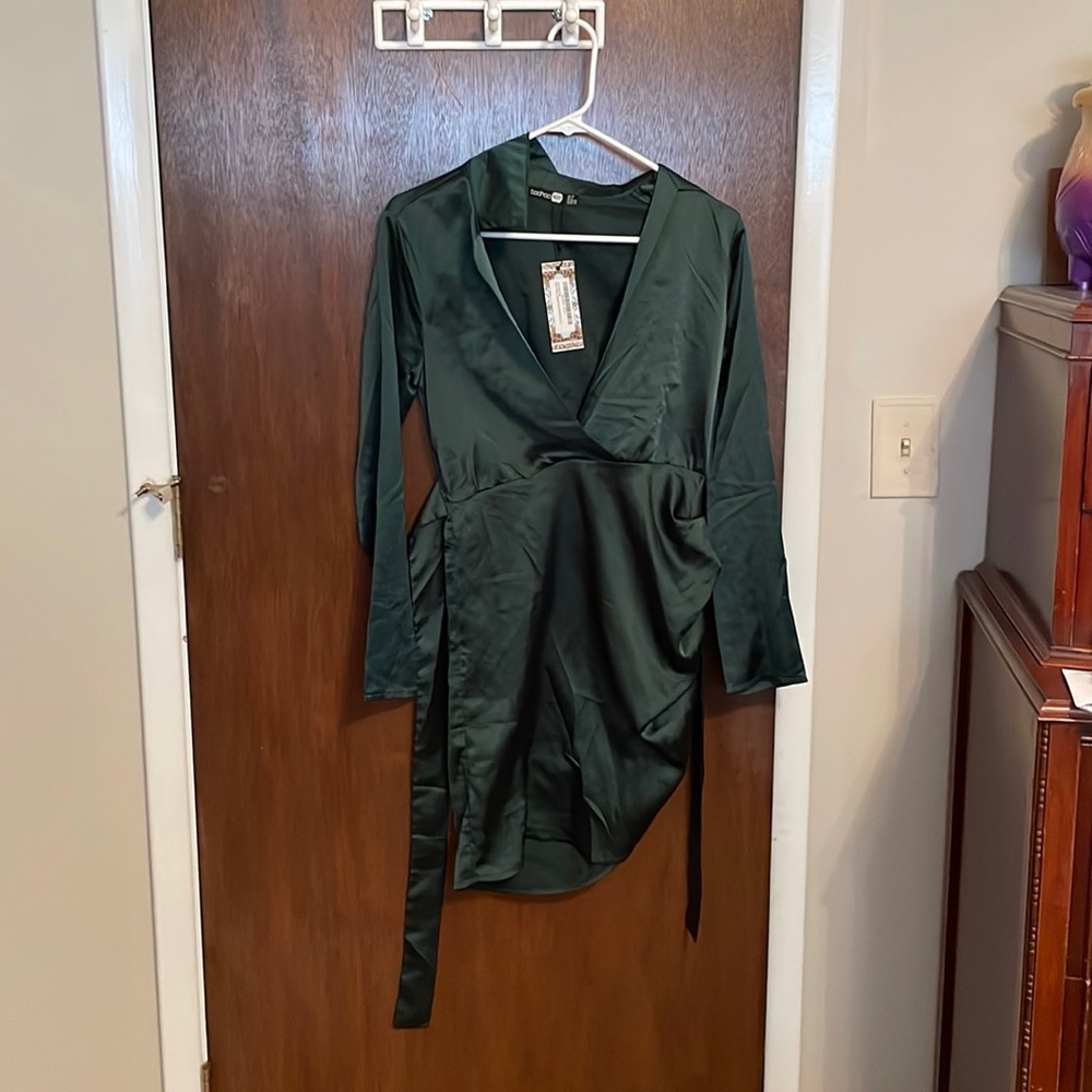 Satin wrap detail dress emerald